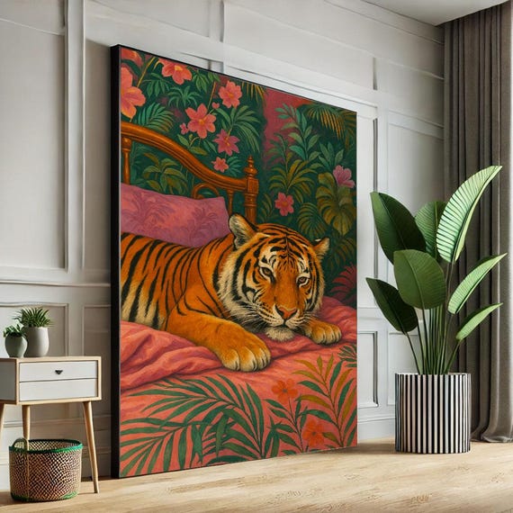 Elegant Tiger In Tropical Setting Canvas Wall Art Print Boho Living Room Decor Statement Piece