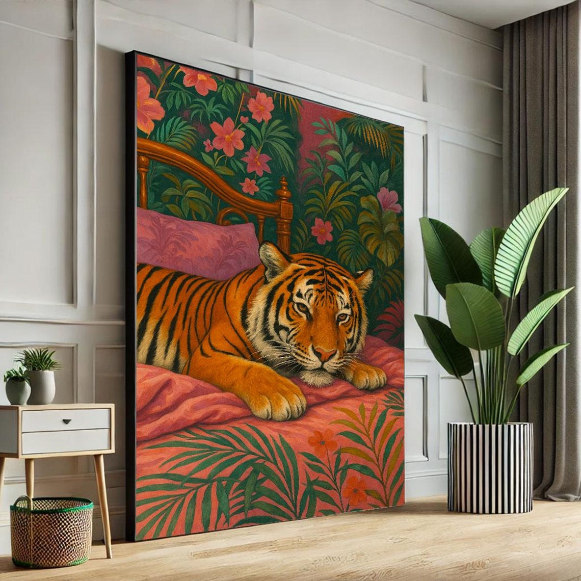 Elegant Tiger In Tropical Setting Canvas Wall Art Print Boho Living Room Decor Statement Piece