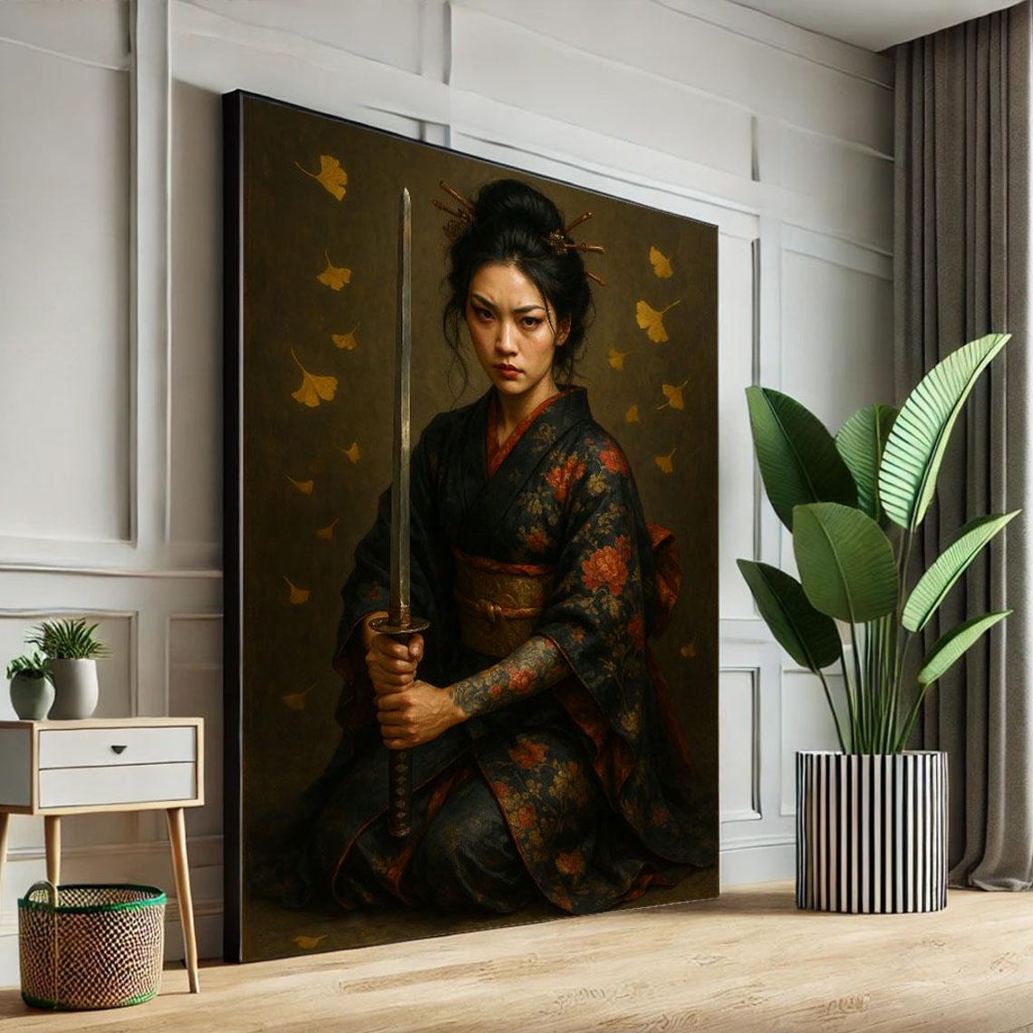 Elegant Samurai Woman Canvas Wall Art Print Japaneseinspired Living Room Decor Statement Piece