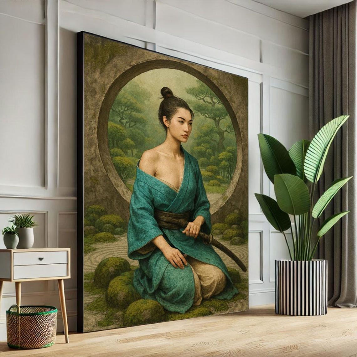 Serene Woman Teal Kimono Zen Garden Moon Window Sword Art Poster