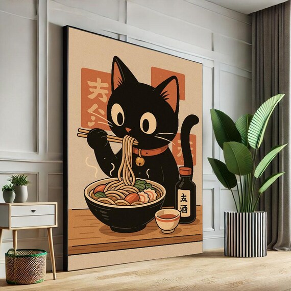 Quirky Black Cat Eating Ramen Retro Japanese Kitchen Art Poster