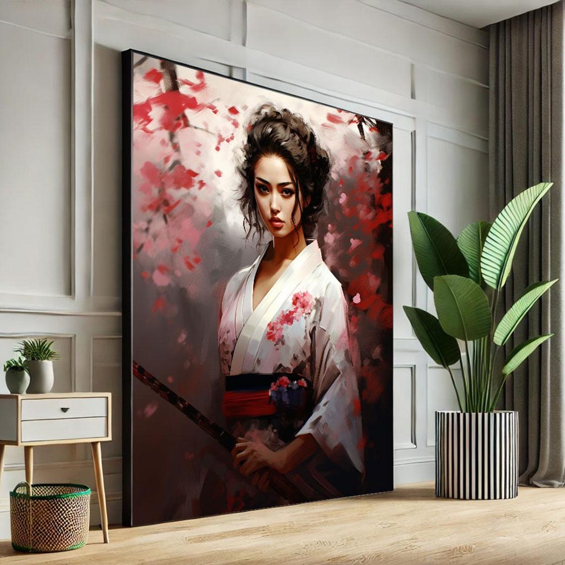 Japanese Geisha With Katana Among Red Cherry Blossoms Poster