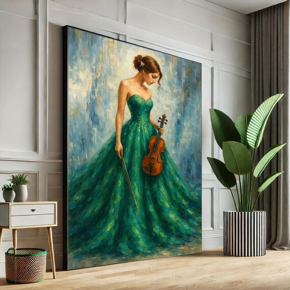 Elegant Violinist In Flowing Green Gown Classical Music Oil Poster