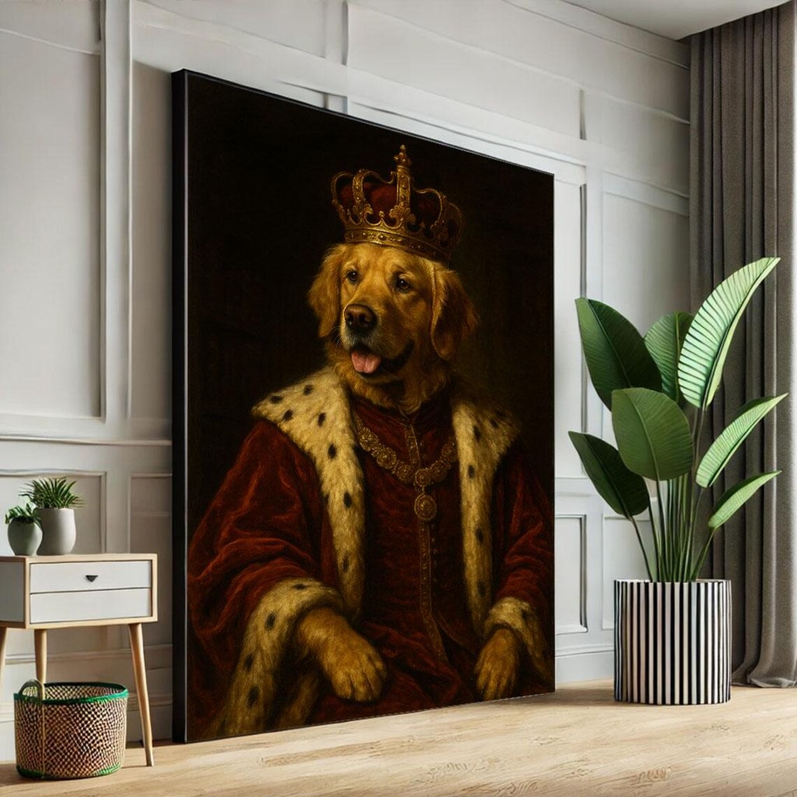 Regal Golden Retriever King Portrait Oil Painting Style Poster