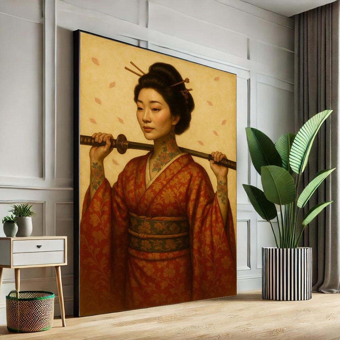 Tattooed Woman in Red Gold Kimono Katana on Shoulder Art Poster