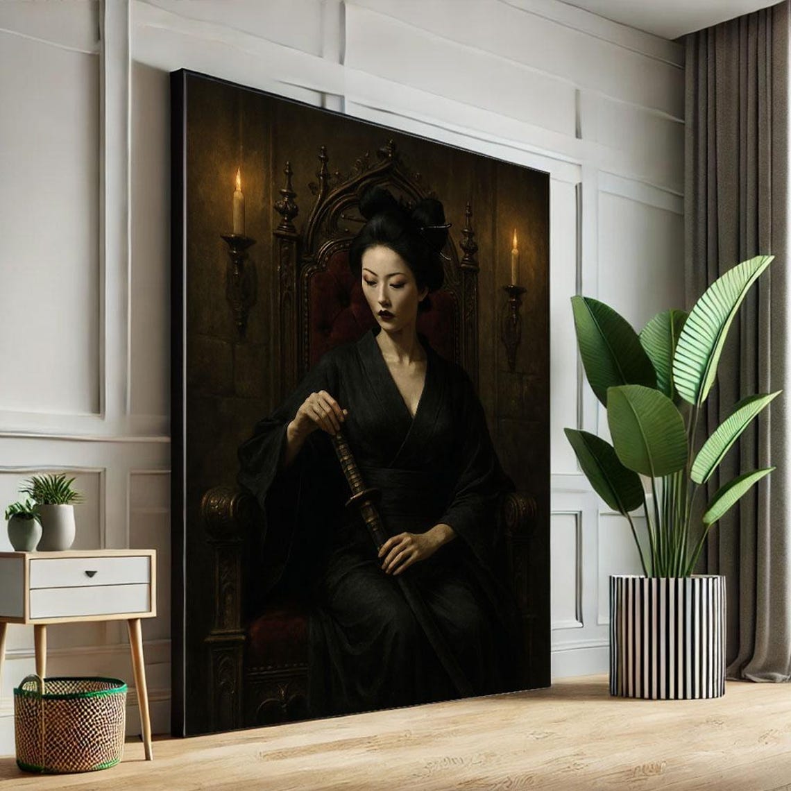 Dark Samurai Woman on Throne Katana Gothic Candlelight Poster