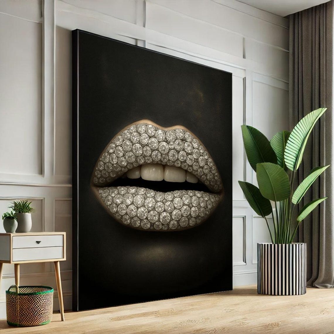 Glamorous Diamond Encrusted Lips Sparkling Black Luxury Art Poster
