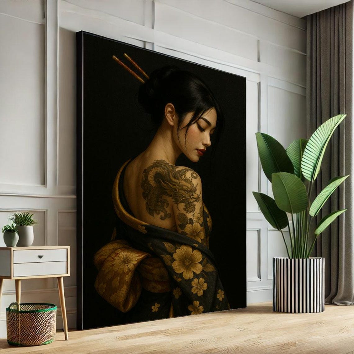 Tattooed Japanese Woman Dragon Shoulder Ink Kimono Canvas Poster