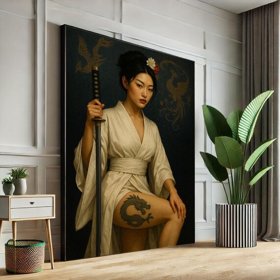 Samurai Woman White Kimono Dragon Tattoo Phoenix Dark Elegant Wall Poster