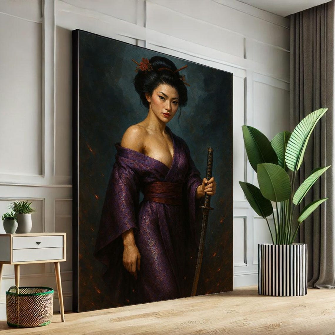 Standing Woman in Purple Kimono Holding Katana Dark Art Poster