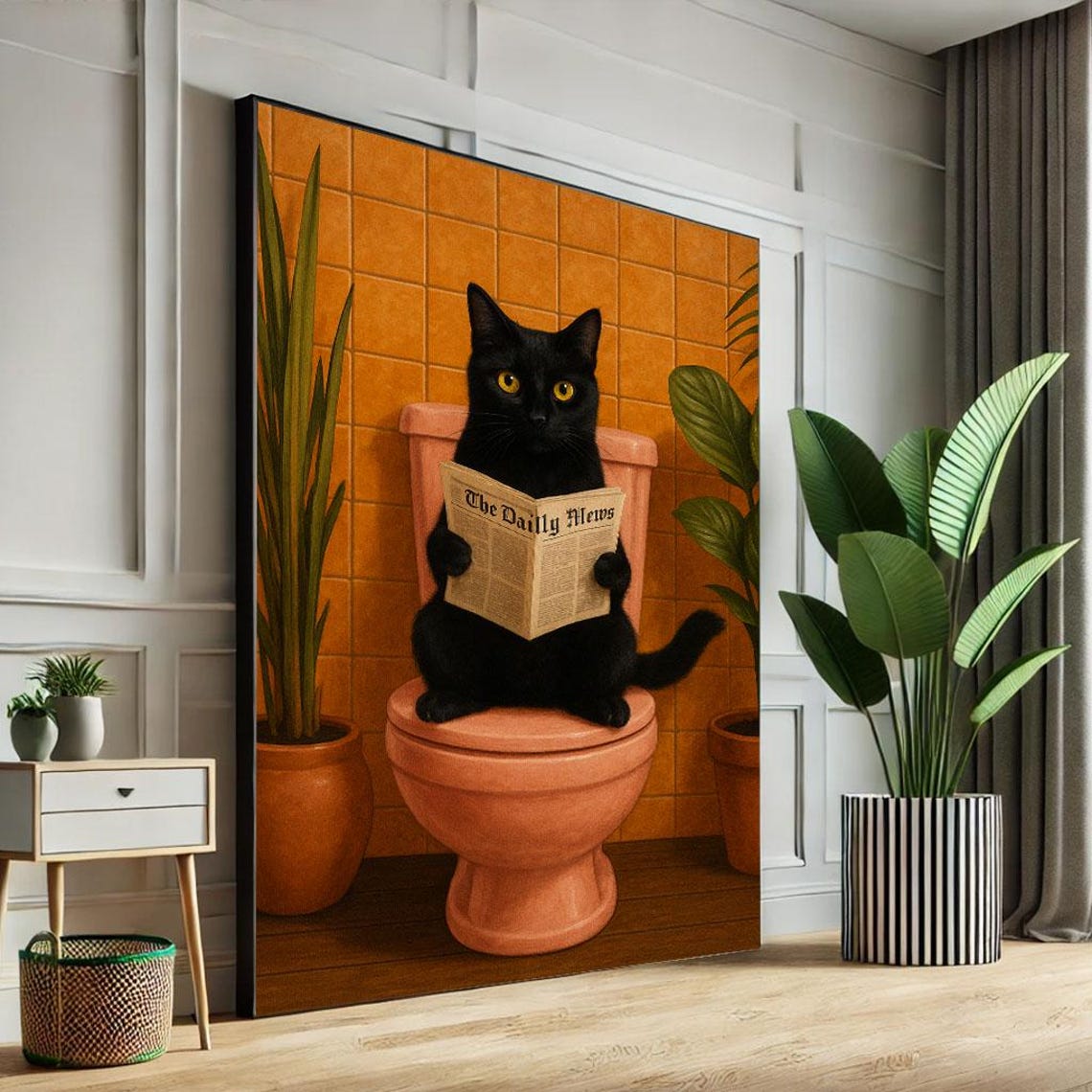 Whimsical Black Cat Toilet Reading Newspaper Funny Bathroom Poster