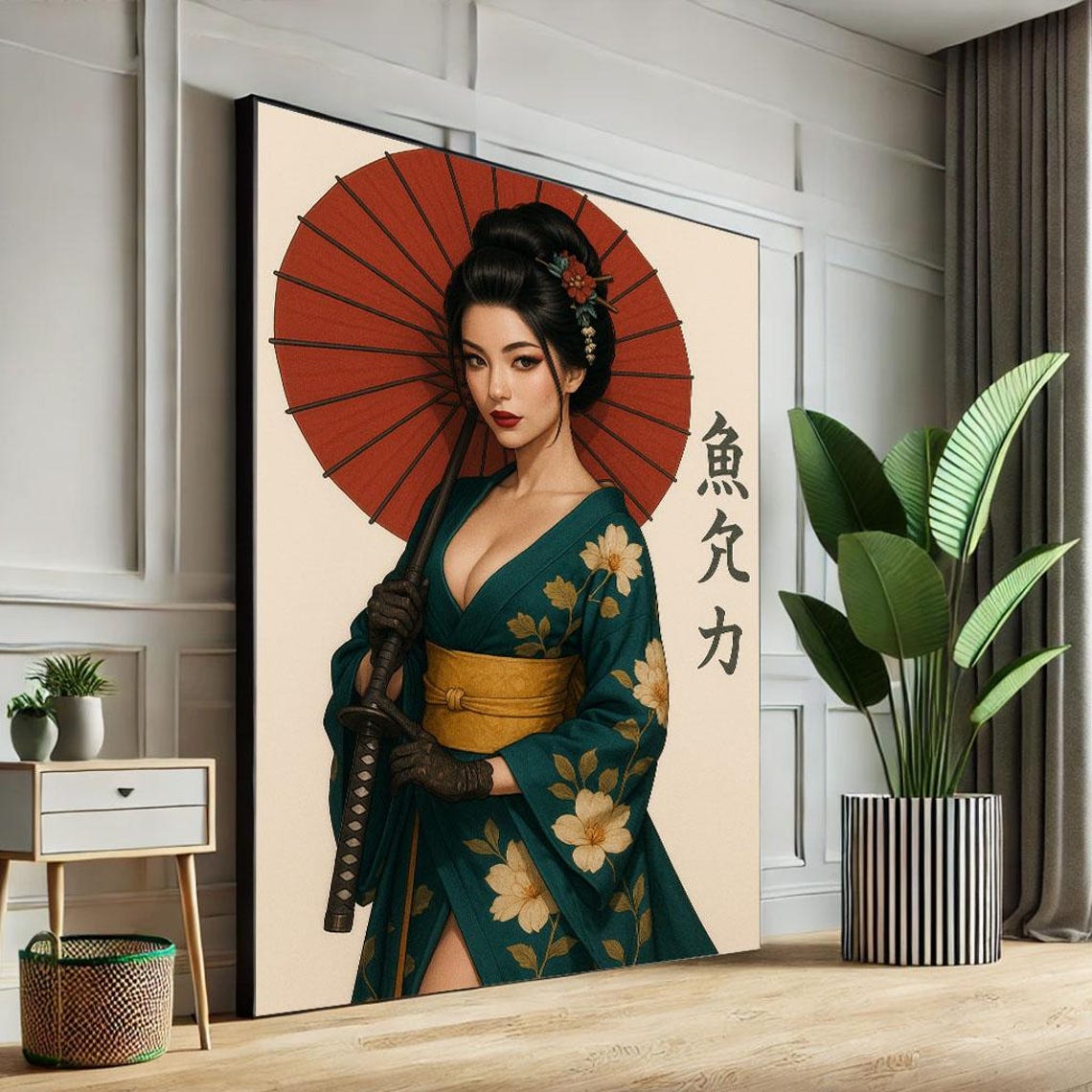 Geisha With Red Parasol Holding Katana In Teal Floral Kimono Poster