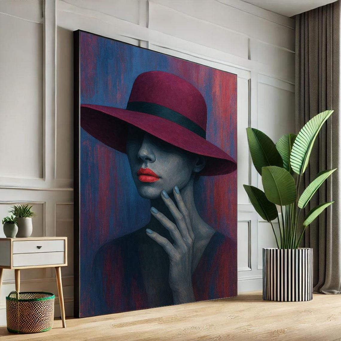 Mysterious Woman In Red Hat Canvas Wall Art Print Modern Bedroom Decor Statement Piece