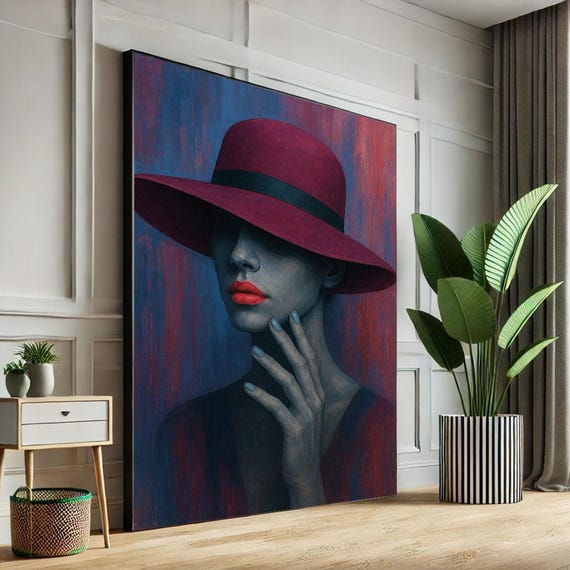 Mysterious Woman In Red Hat Canvas Wall Art Print Modern Bedroom Decor Statement Piece