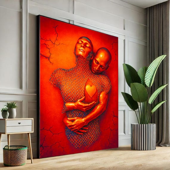 Empowering Modern Couple Embrace Canvas Wall Art Print Bold Red Living Room Decor Statement Piece