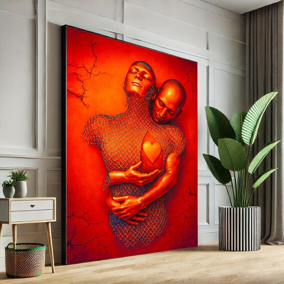 Passionate Red Surreal Embracing Couple with Heart Love Art Poster