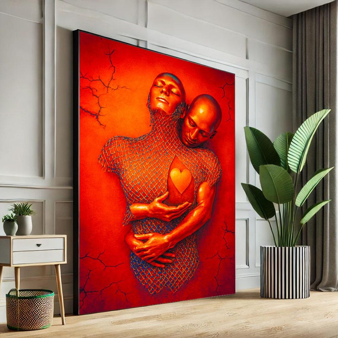 Passionate Red Surreal Embracing Couple with Heart Love Art Poster