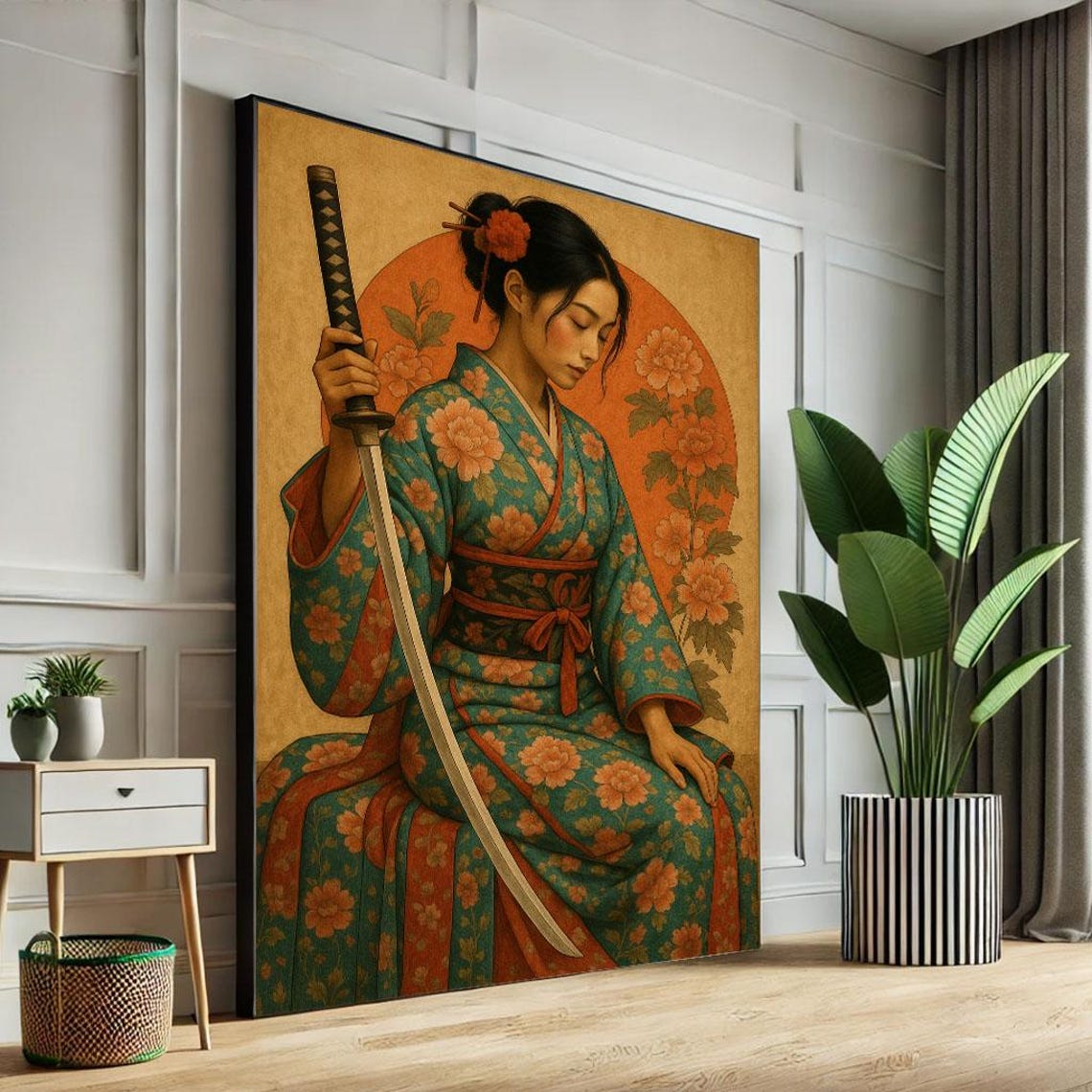 Elegant Samurai Woman Teal Floral Kimono Katana Orange Sun Wall Poster