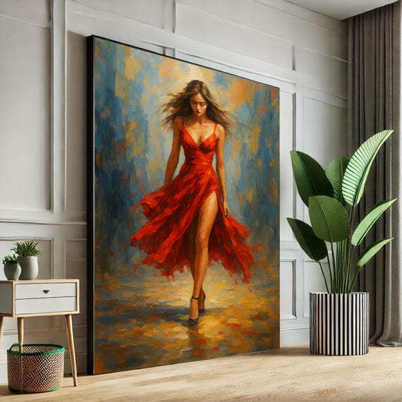 Graceful Woman In Red Dress Canvas Wall Art Print Modern Bedroom Decor Statement Piece