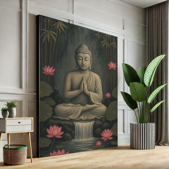 Praying Buddha Waterfall Pink Lotus Bamboo Zen Garden Serene Wall Poster
