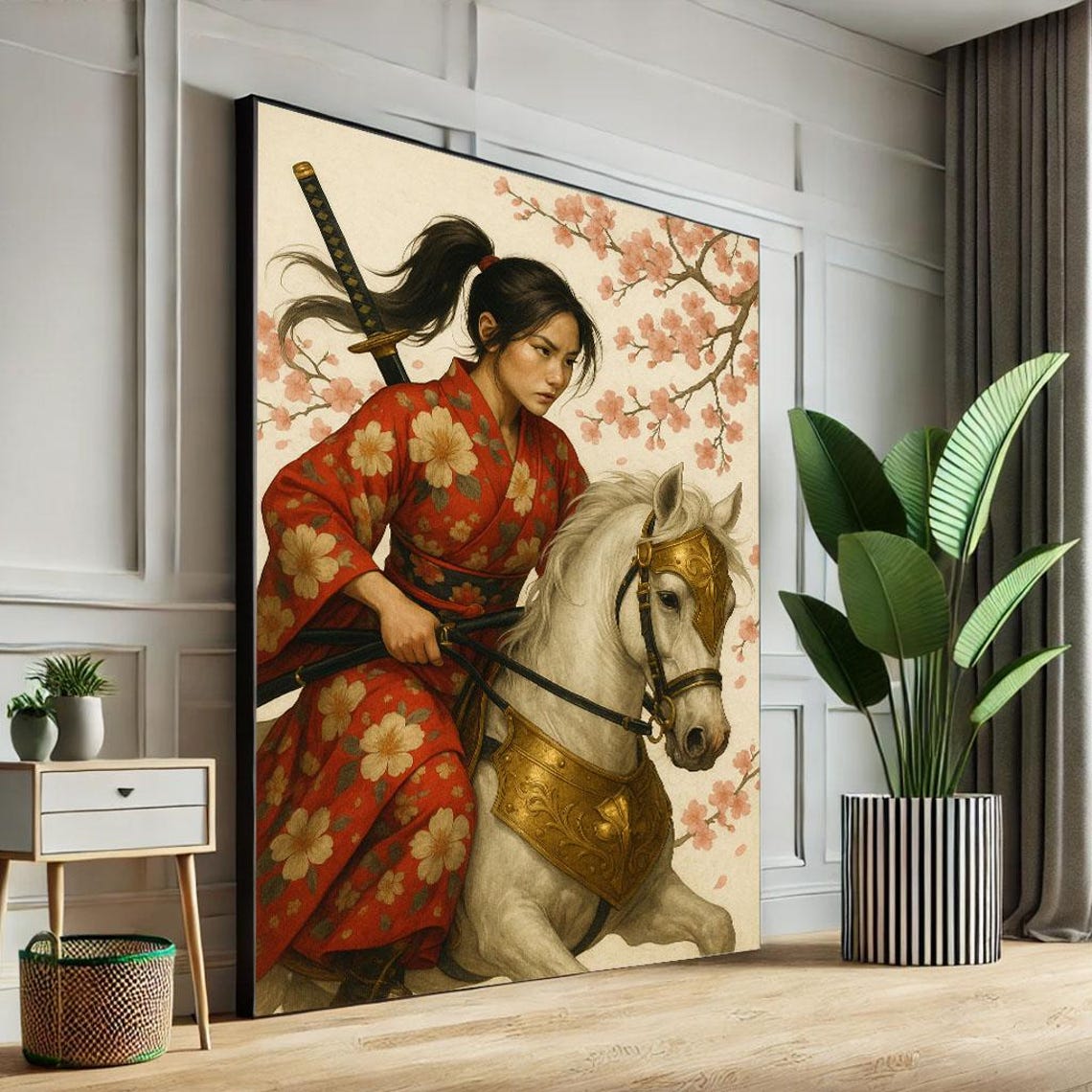 Samurai Woman Riding Armored White Horse In Cherry Blossom Poster
