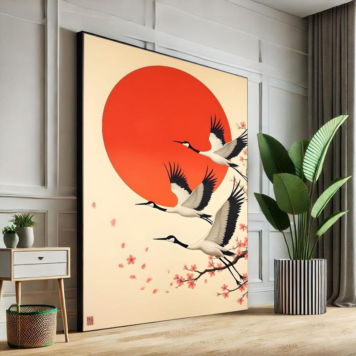 Minimalist Japanese Cranes Flying Red Sun Cherry Blossom Poster