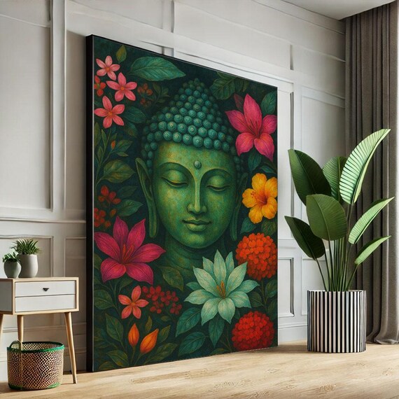 Emerald Buddha Face Among Pink And Orange Lilies Tropical Art Poster