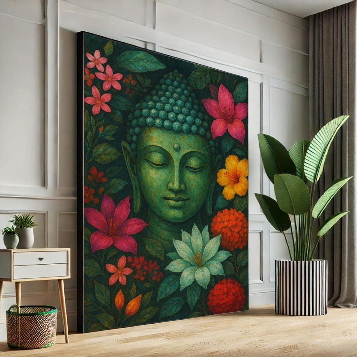 Emerald Buddha Face Among Pink And Orange Lilies Tropical Art Poster