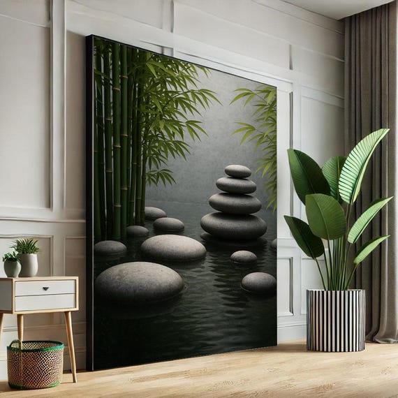 Serene Zen Stones And Bamboo Canvas Wall Art Print Minimalist Living Room Decor Ready To Hang