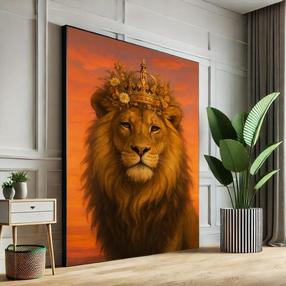 Regal Lion With Crown Canvas Wall Art Print Majestic Animal Portrait Living Room Decor Statement Piece