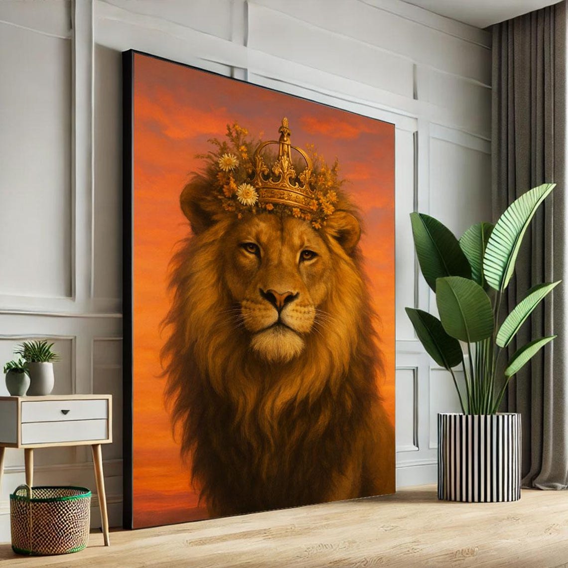 Regal Lion With Crown Canvas Wall Art Print Majestic Animal Portrait Living Room Decor Statement Piece