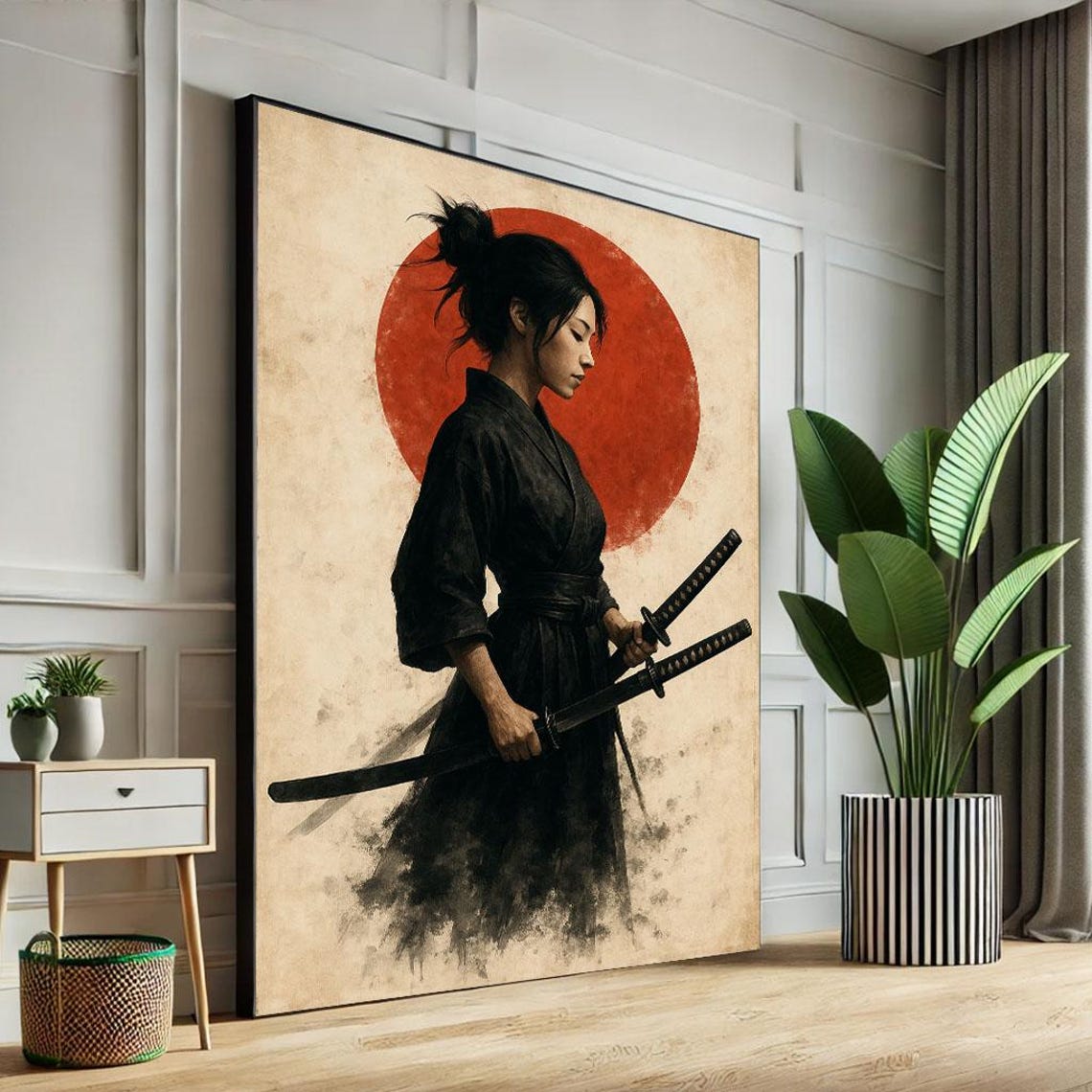 Fierce Japanese Female Warrior With Two Katanas Red Sun Poster