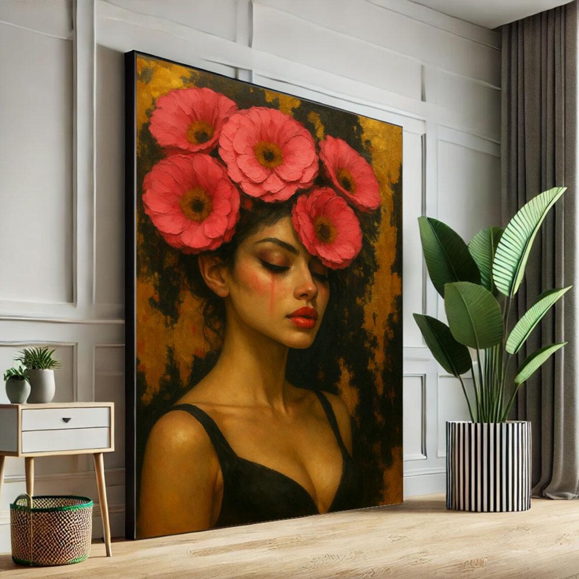Woman Red Poppy Flower Crown Golden Romantic Floral Art Poster