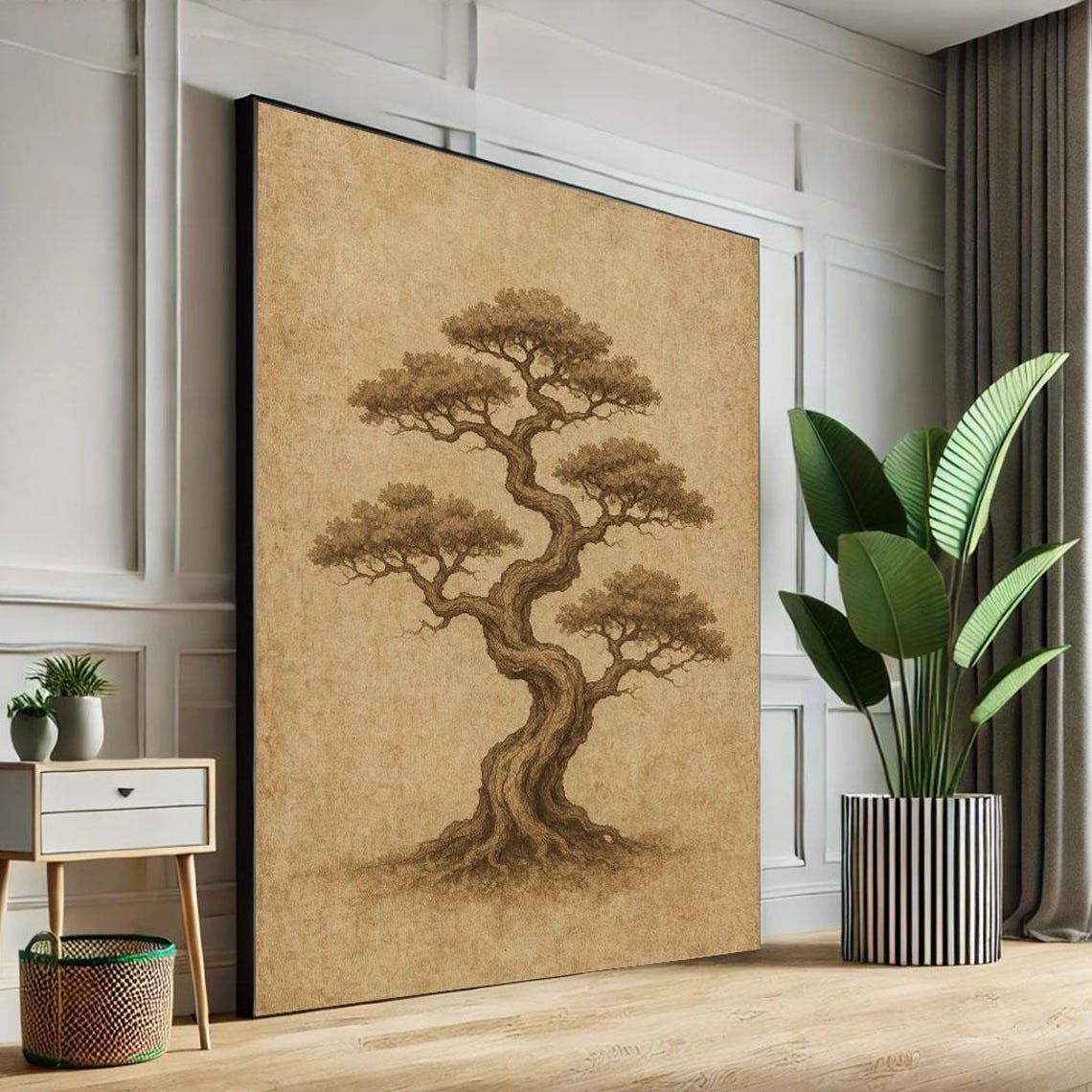 Elegant Sepia Bonsai Tree Ink Sketch on Parchment Zen Poster