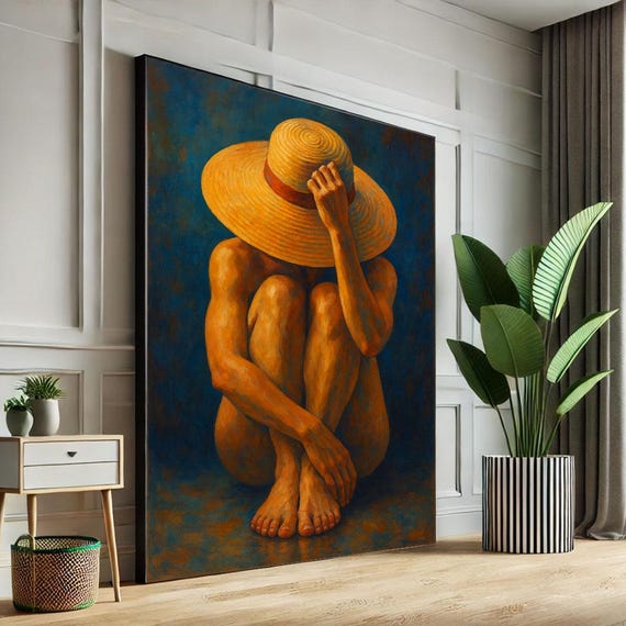 Serene Woman In Straw Hat Canvas Wall Art Print Modern Minimalist Living Room Decor Statement Piece
