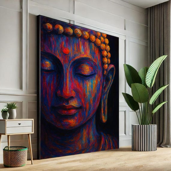 Tranquil Buddha Portrait Canvas Wall Art Print Vibrant Abstract Living Room Decor Ready To Hang