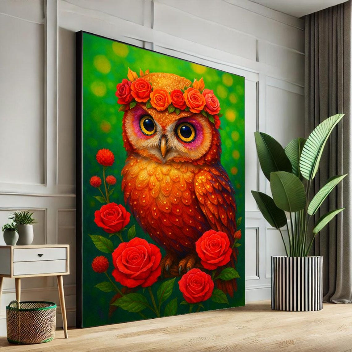 Colorful Owl Wearing Rose Crown Among Red Roses Whimsical Art Poster