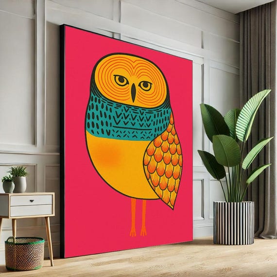 Vibrant Owl Illustration Canvas Wall Art Print Modern Boho Living Room Decor Ready To Hang