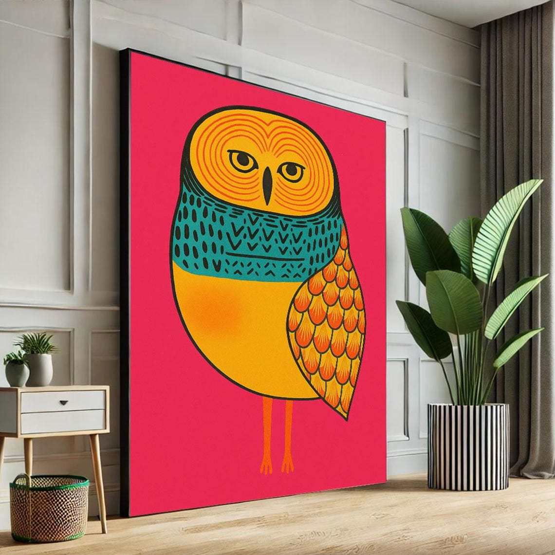 Vibrant Owl Illustration Canvas Wall Art Print Modern Boho Living Room Decor Ready To Hang