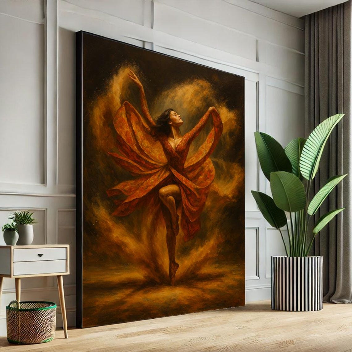 Ethereal Ballerina Flowing Orange Gown Golden Dance Motion Poster