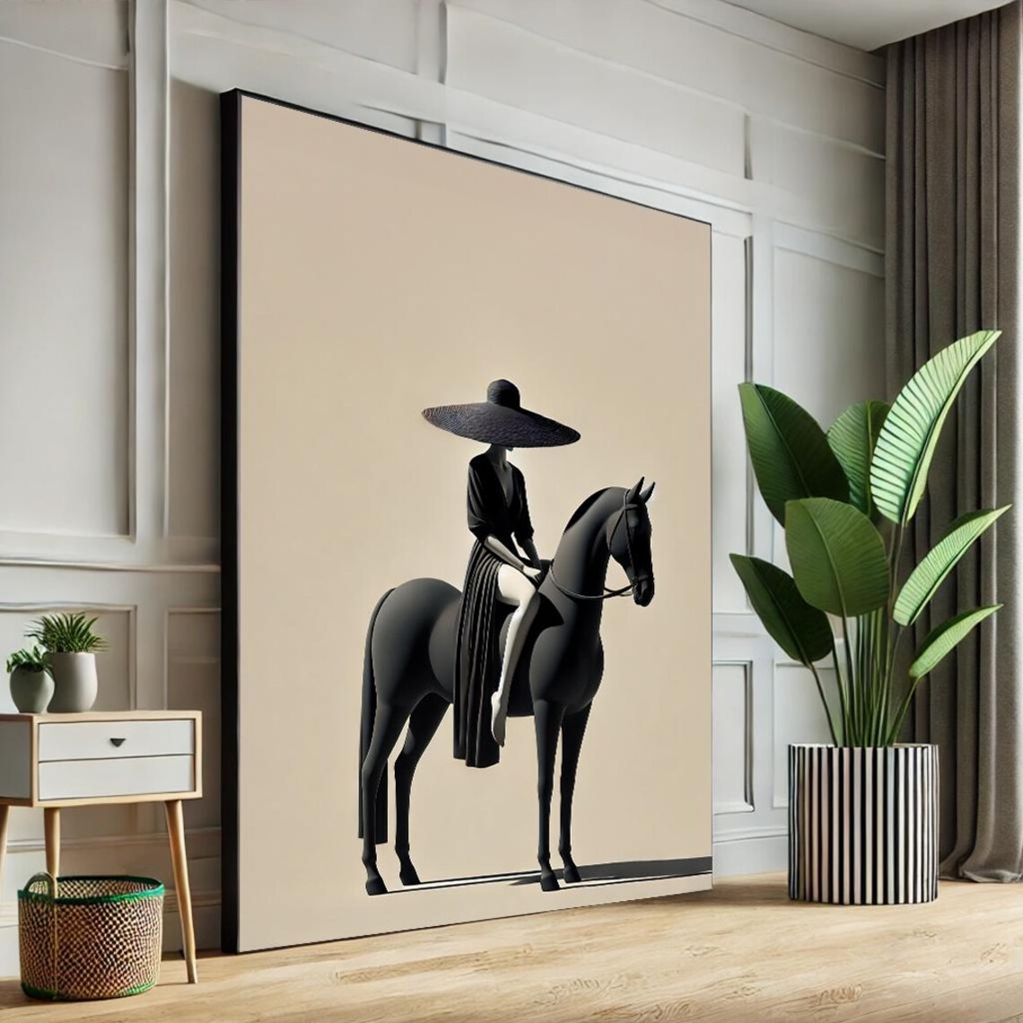 Minimalist Black Hat Woman Riding Horse Elegant Fashion Poster