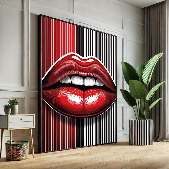 Woman Lips Abstract Pop Art Canvas Black White Striped Wall Decorunique Gift For Fashion Lovers Boyfriend Christmasmodern Home