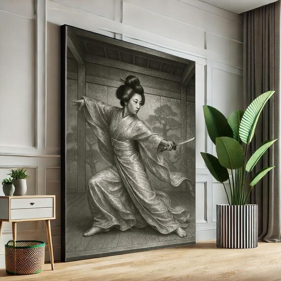 Monochrome Samurai Woman Drawing Her Sword in Old Temple Sketch Poster
