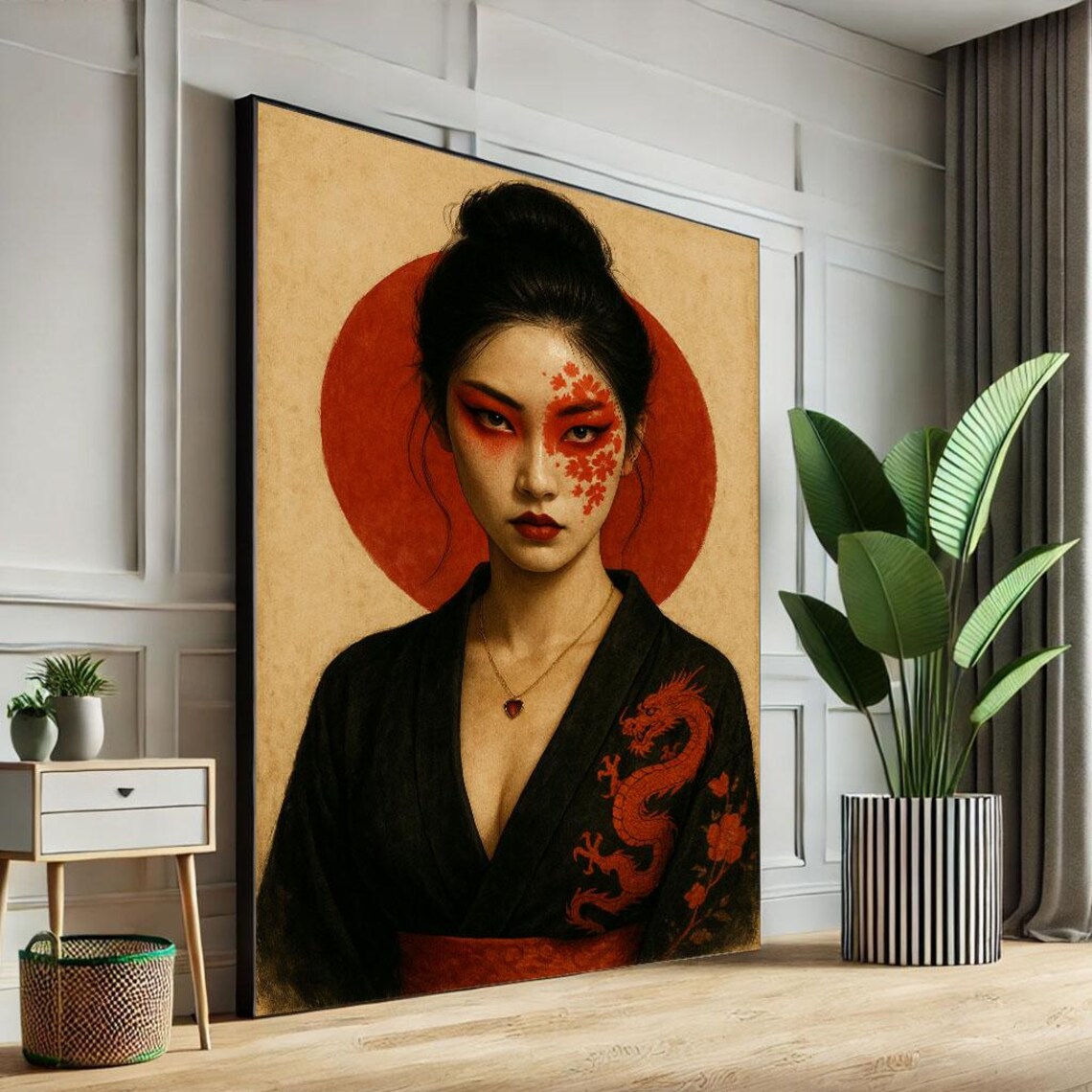 Japanese Woman Red Sun Halo Floral Face Paint Portrait Art Poster