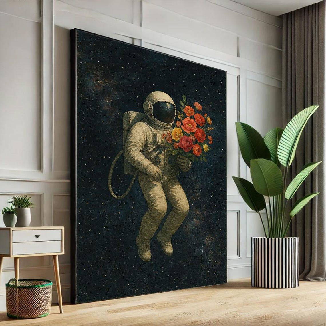 Surreal Astronaut Floating Flowers Starry Space Whimsical Dream Poster