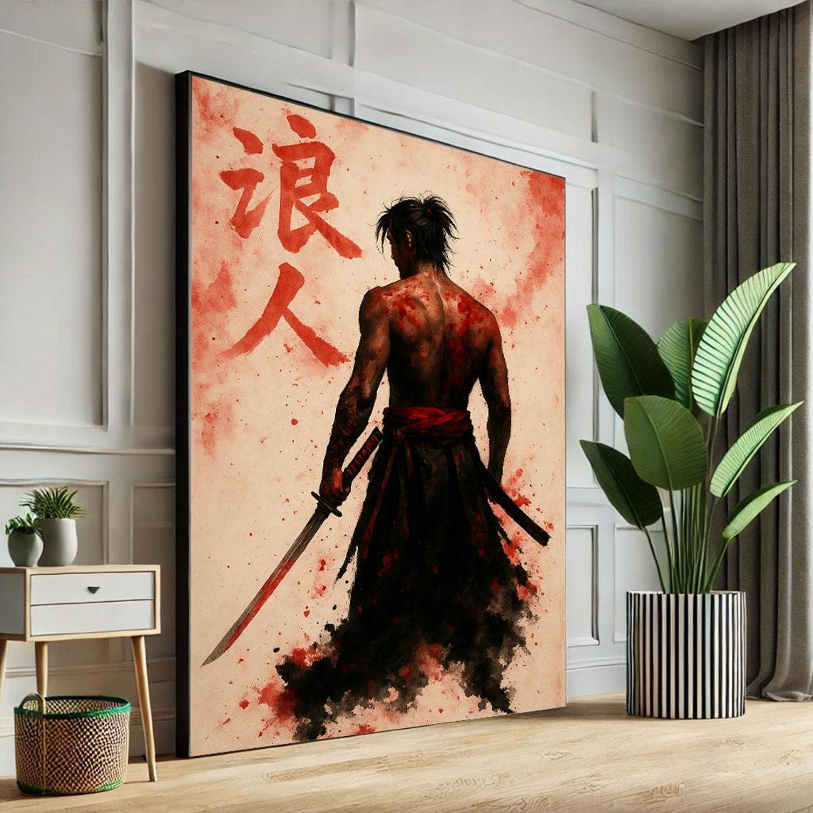 Ink Wash Samurai From Behind With Red Japanese Calligraphy Poster