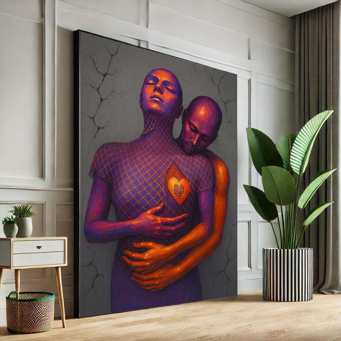 Purple And Orange Lovers Embrace Glowing Heart Modern Art Poster