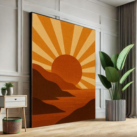 Retro Sunset Landscape Canvas Wall Art Print Earthy Tones Living Room Decor Modern Boho Statement Piece