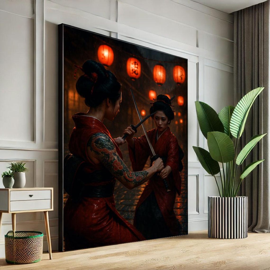 Two Geisha Sword Fight Red Lanterns Japanese Street Night Poster