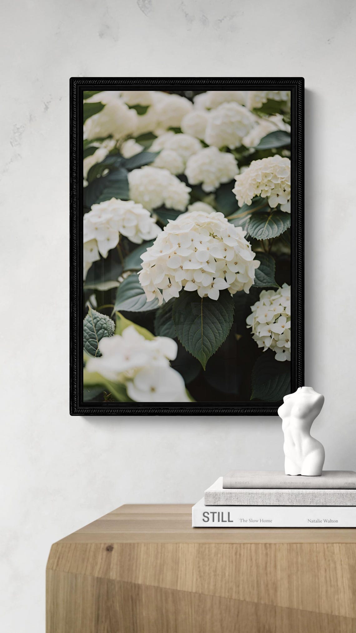 White Hydrangea Clusters Dark Green Leaves Botanical Art Poster - Image 2